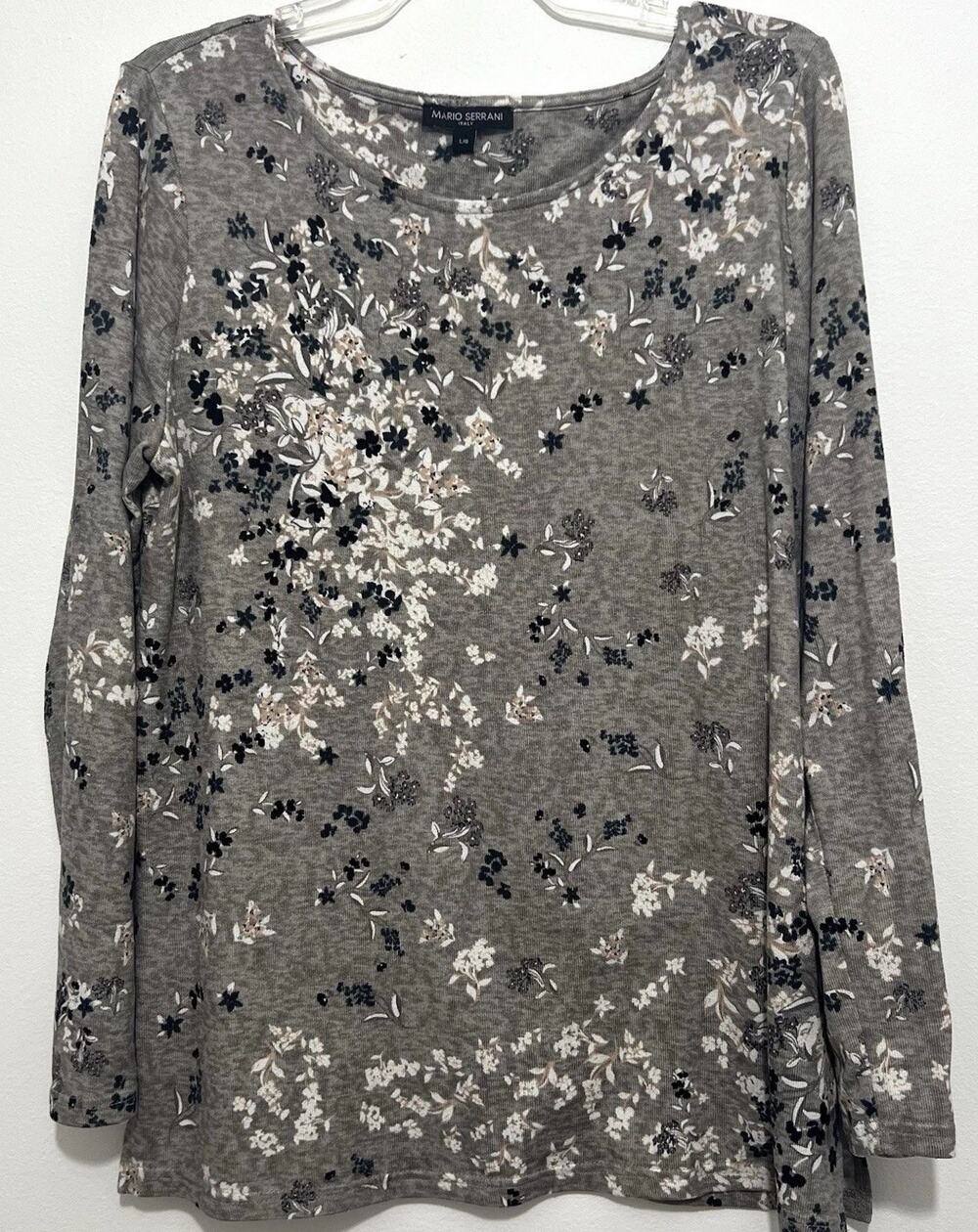 Mario Serrani Italy Womens L Gray Floral Long Sleeve Stretch Knit Top Shirt Soft